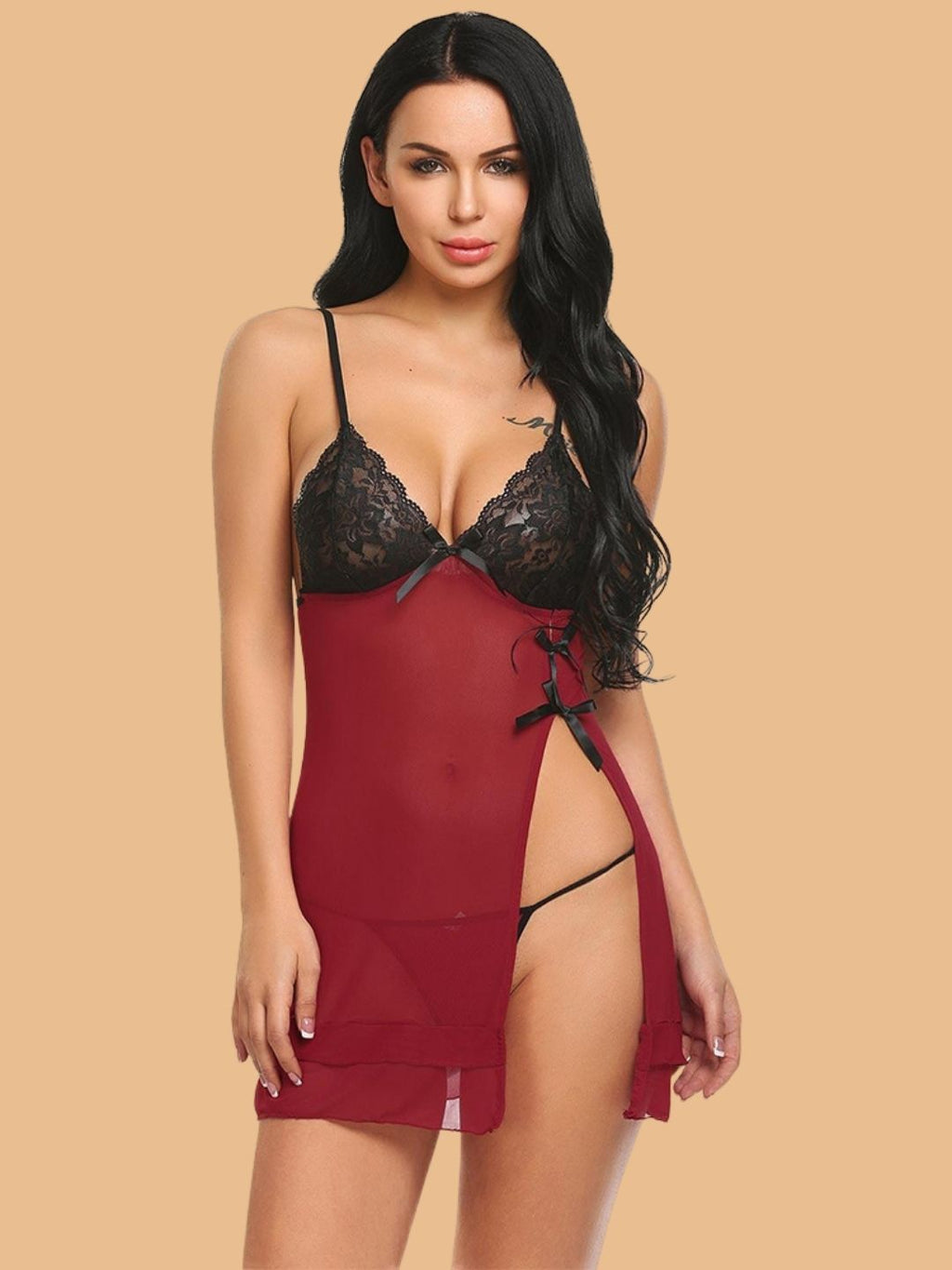 Women's Lace Cup Nightdress With Ribbon Tie Sides