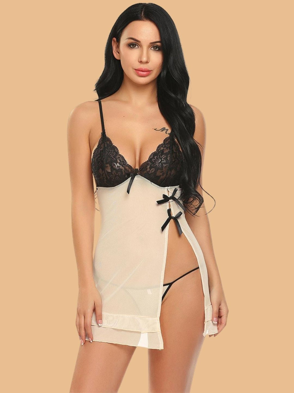 Women's Lace Cup Nightdress With Ribbon Tie Sides