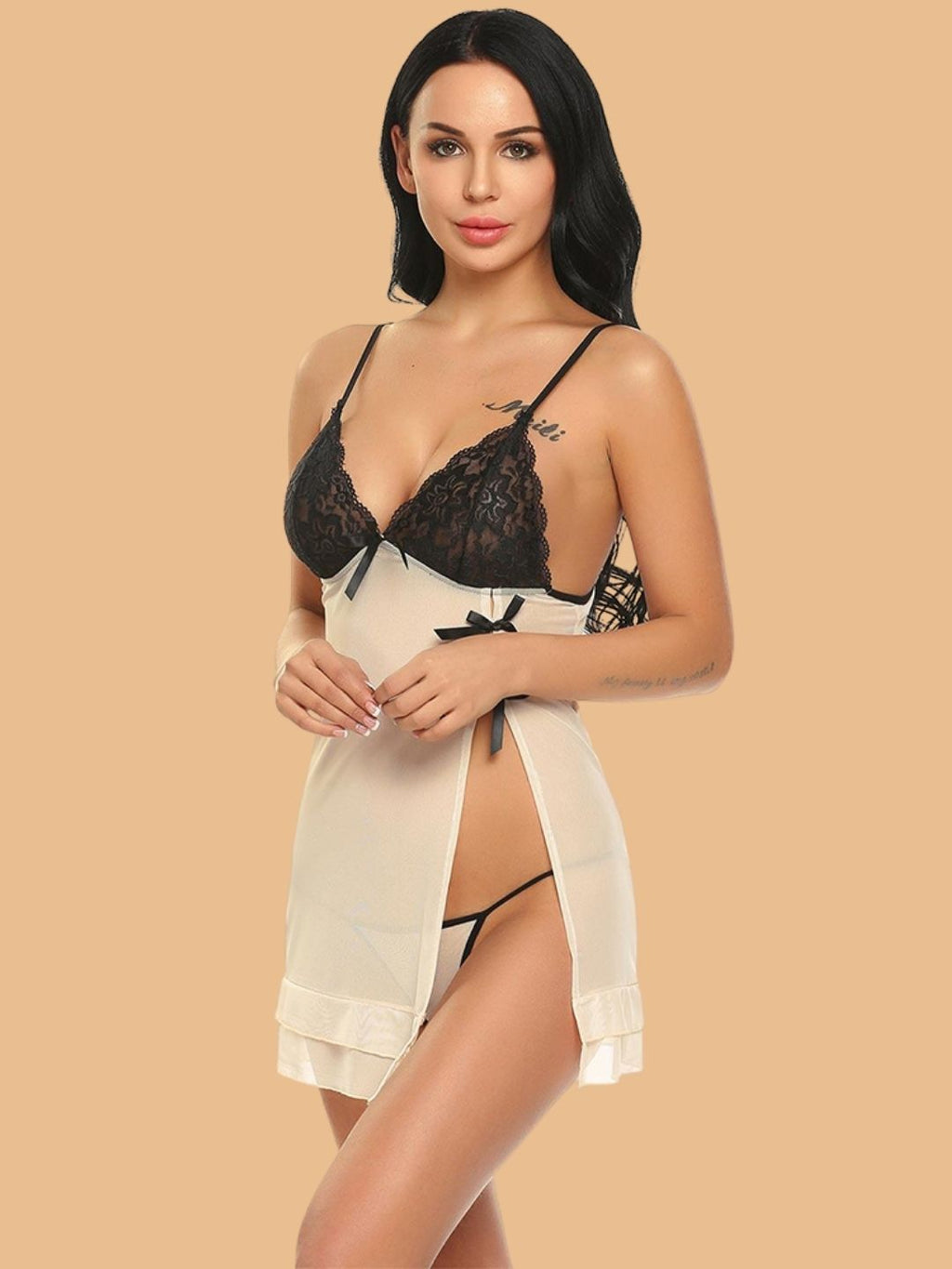 Women's Lace Cup Nightdress With Ribbon Tie Sides