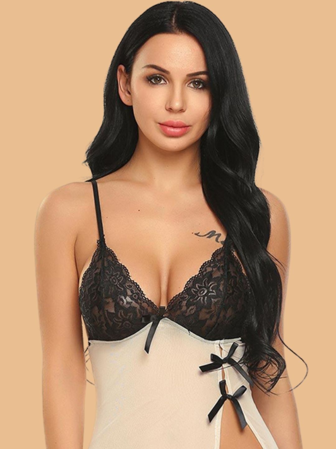 Women's Lace Cup Nightdress With Ribbon Tie Sides