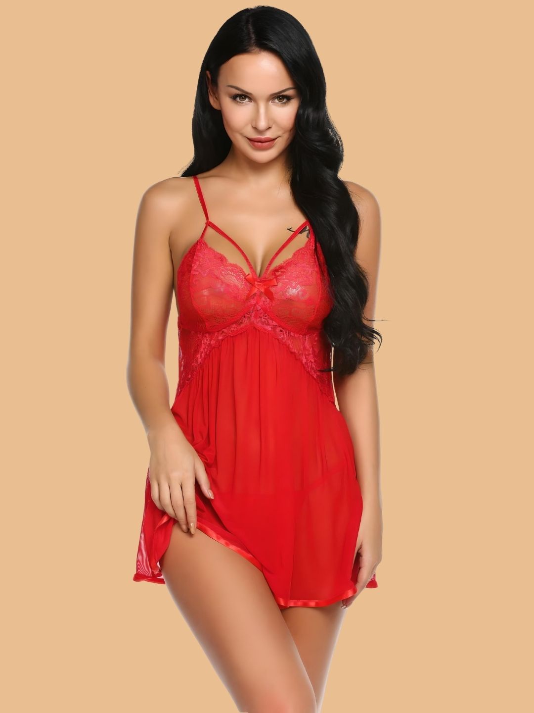 Women's Lace Bust Flared Nightdress With G String