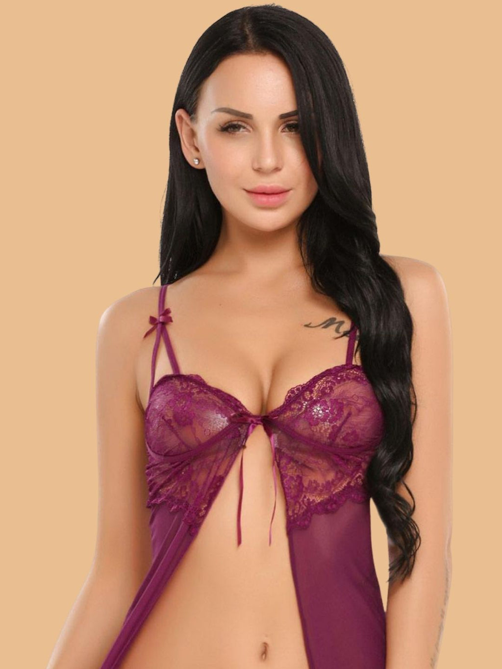 Women's Lace Open Front Nightdress With Thong