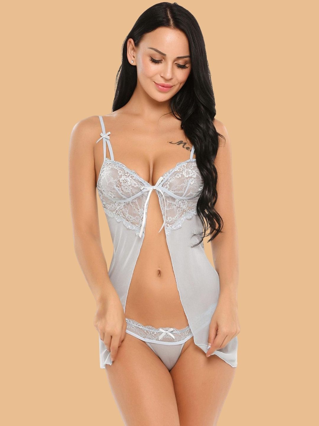 Women's Lace Open Front Nightdress With Thong