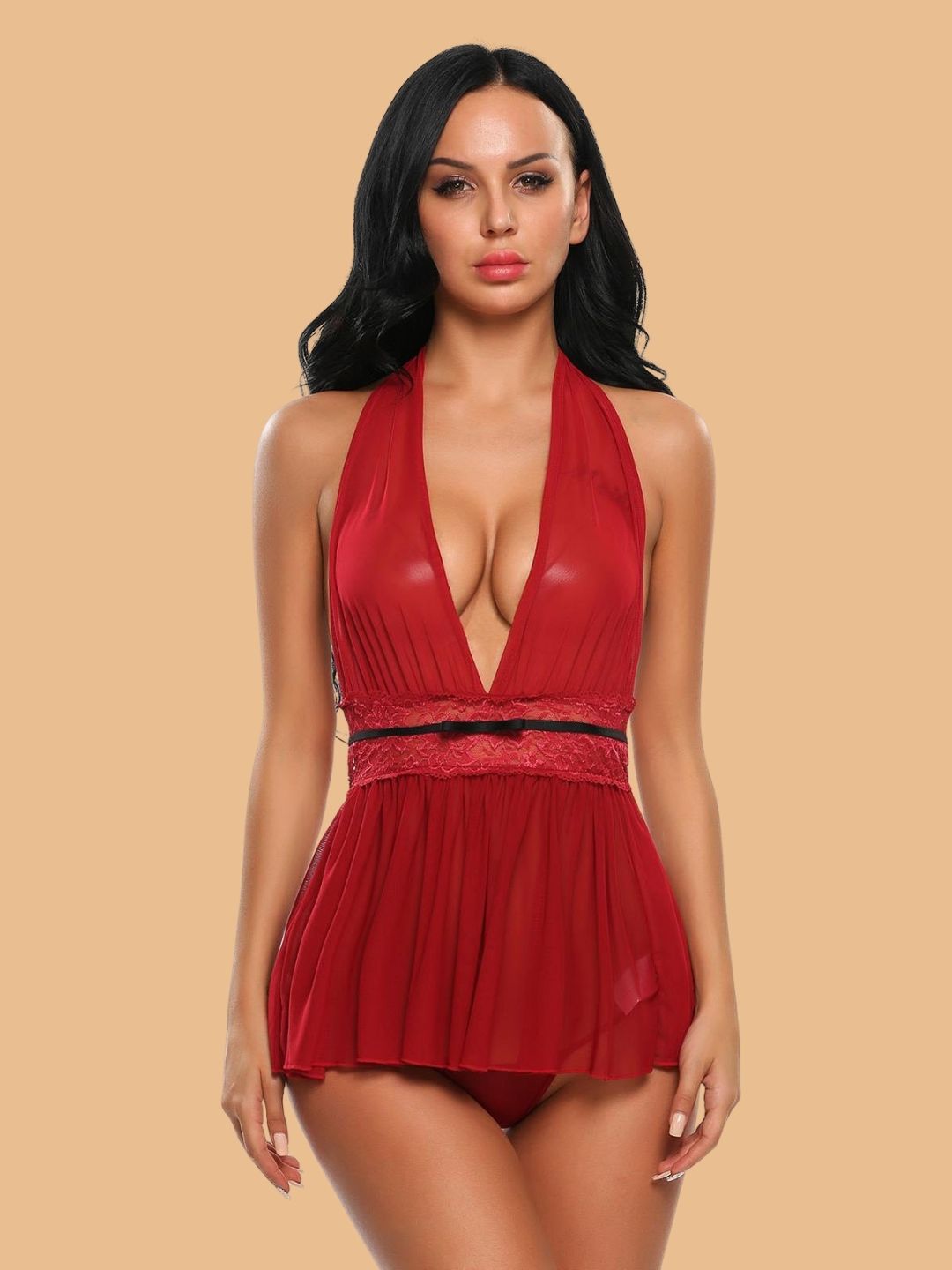 Women's Deep V Halter Nightdress With Lace Waistband
