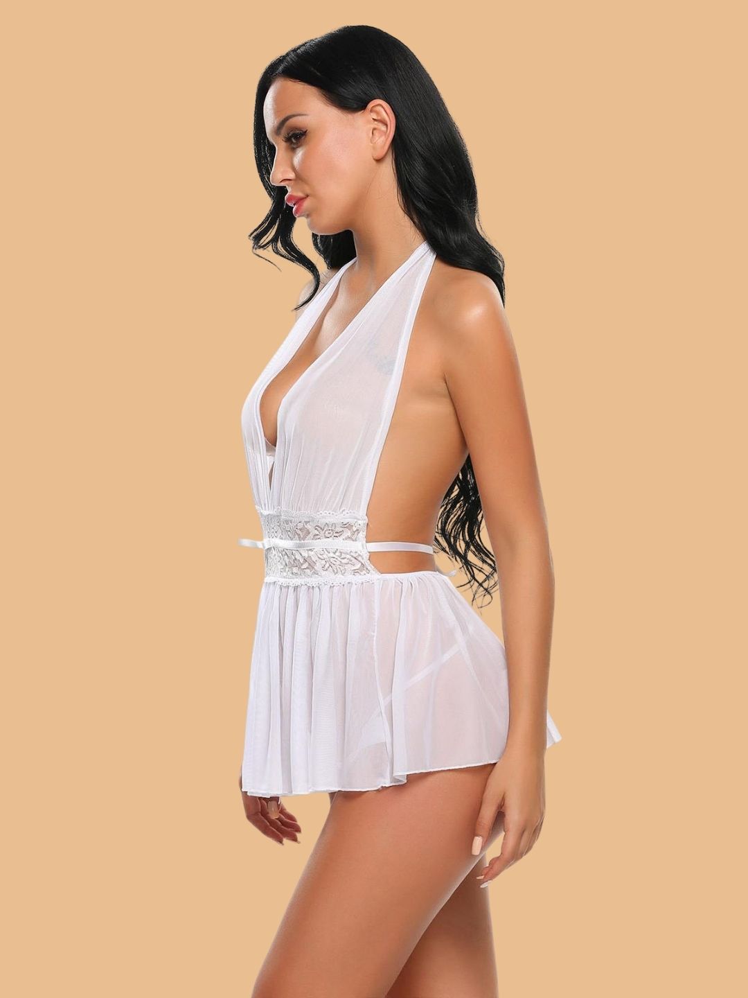 Women's Deep V Halter Nightdress With Lace Waistband
