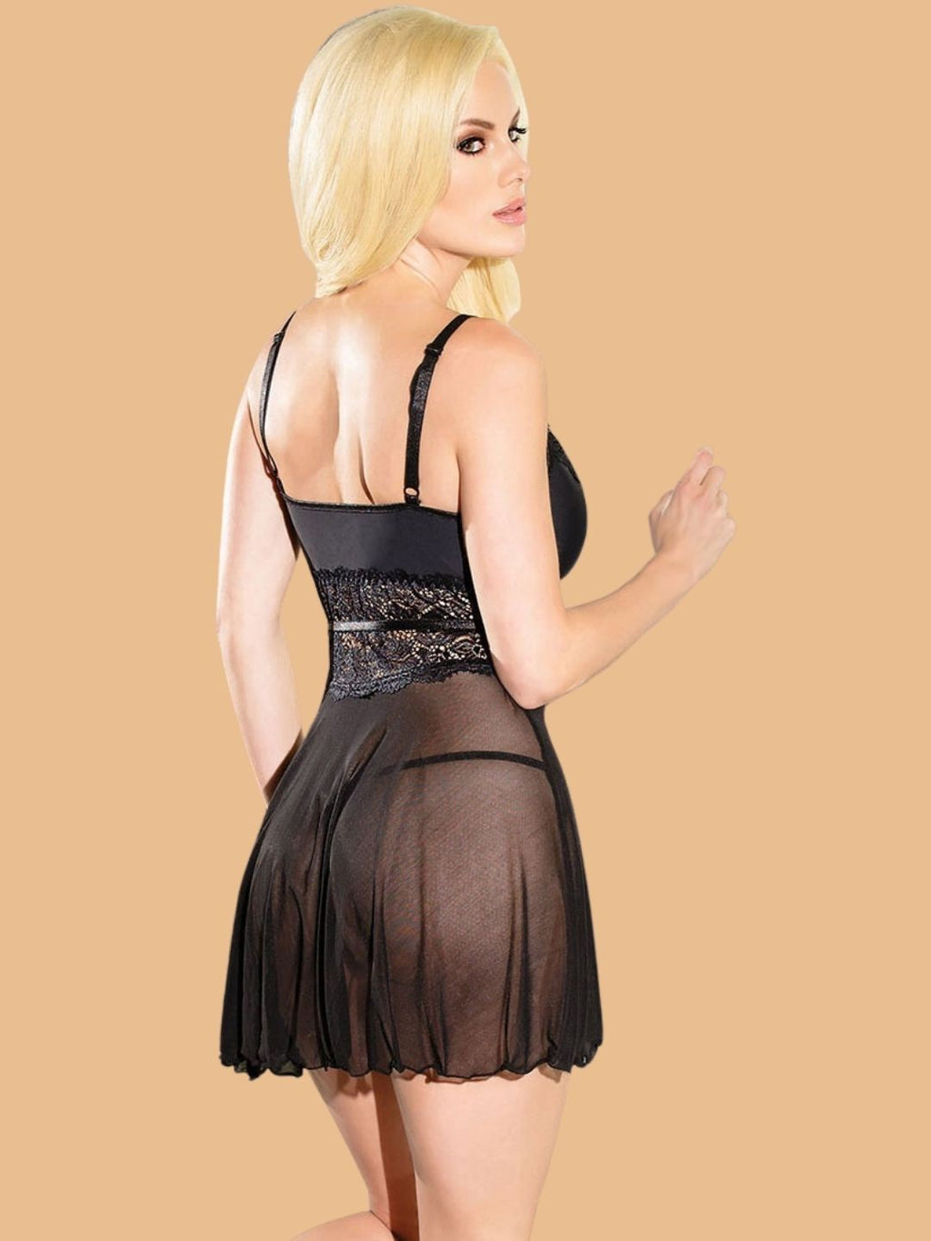 Women's Black Satin Cup Nightdress With Lace Waist