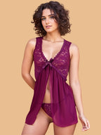 Women's Lace V Neck Open Front Nightwear Set With Brief