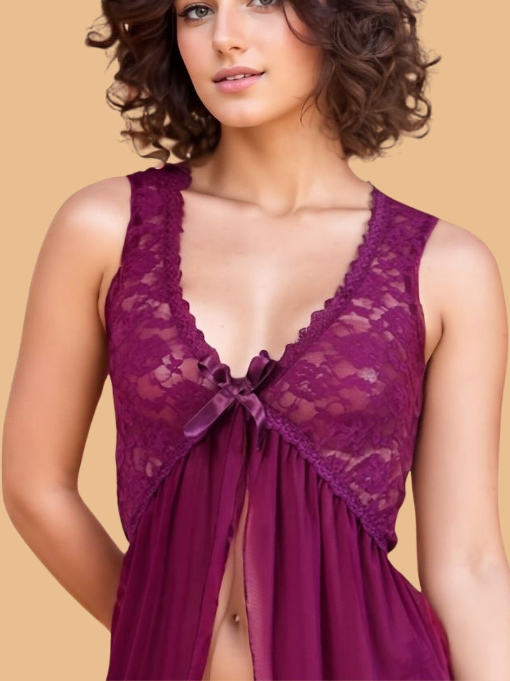 Women's Lace V Neck Open Front Nightwear Set With Brief