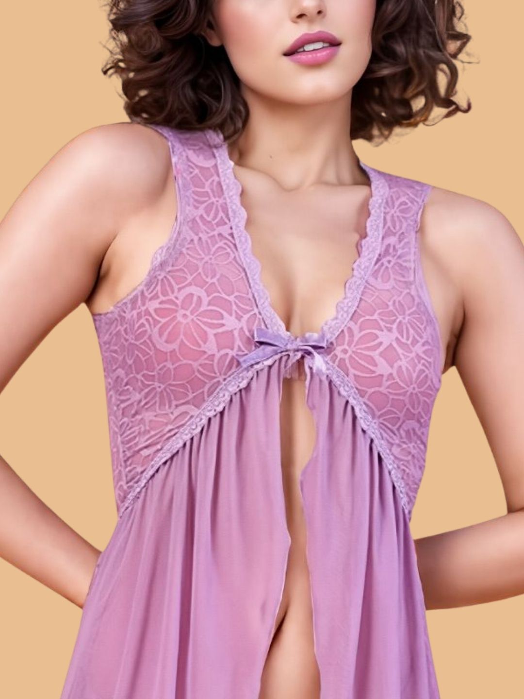 Women's Lace V Neck Open Front Nightwear Set With Brief