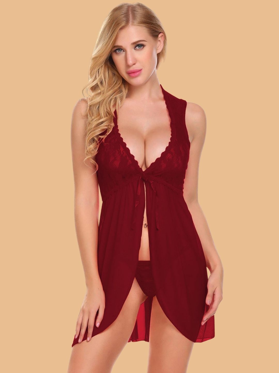 Women's Lace V Neck Open Front Nightwear Set With Brief