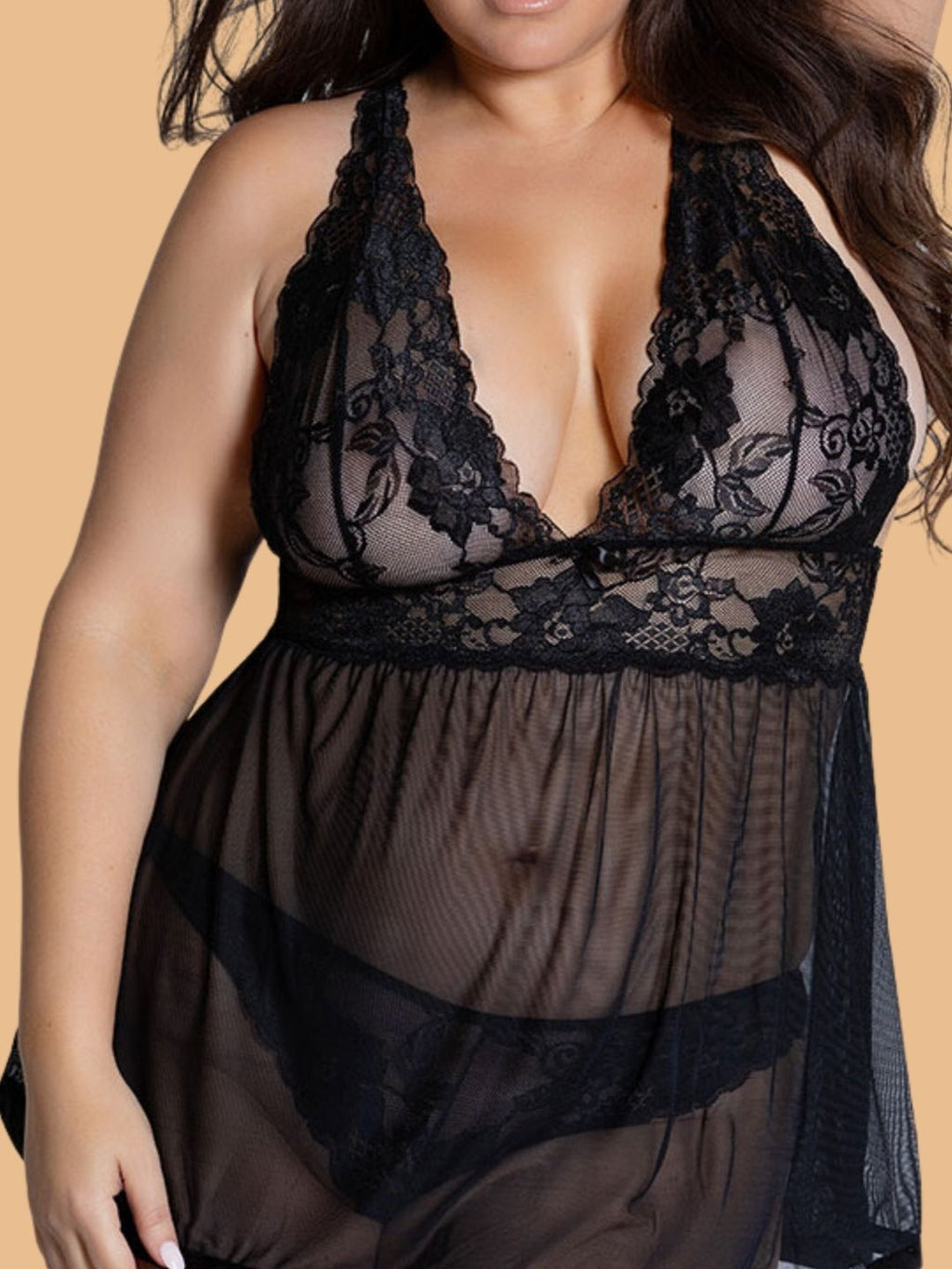 Plus Size Lace Halter Nightdress With Brief