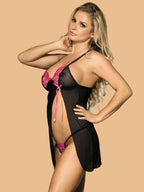 Women's Two-Tone Mesh Nightdress - Black Pink