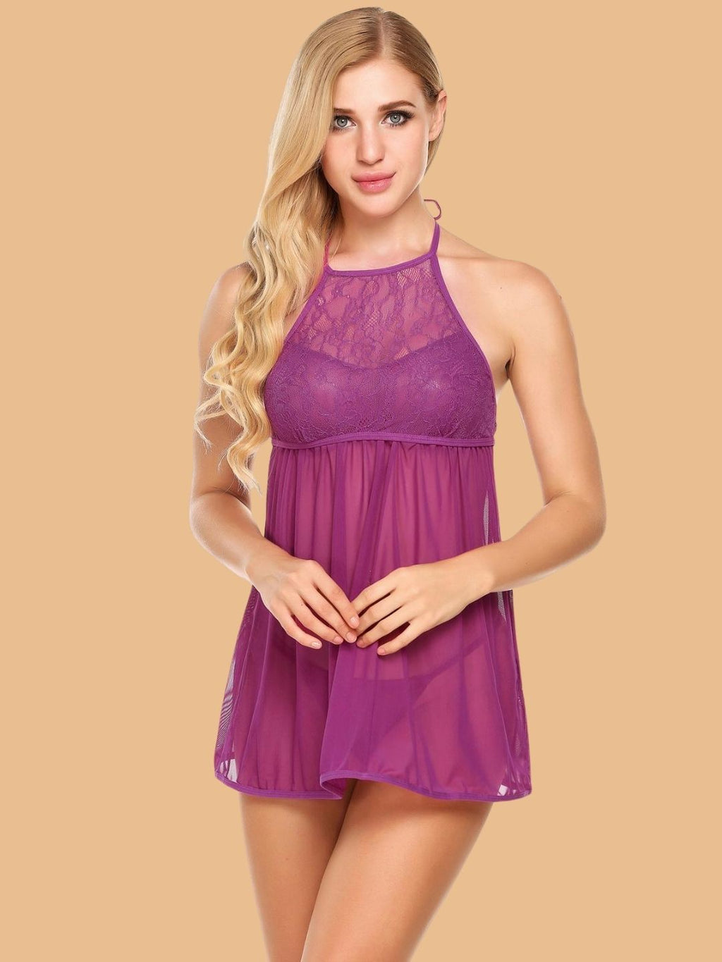 Women's Lace Yoke Halter Nightdress With G String