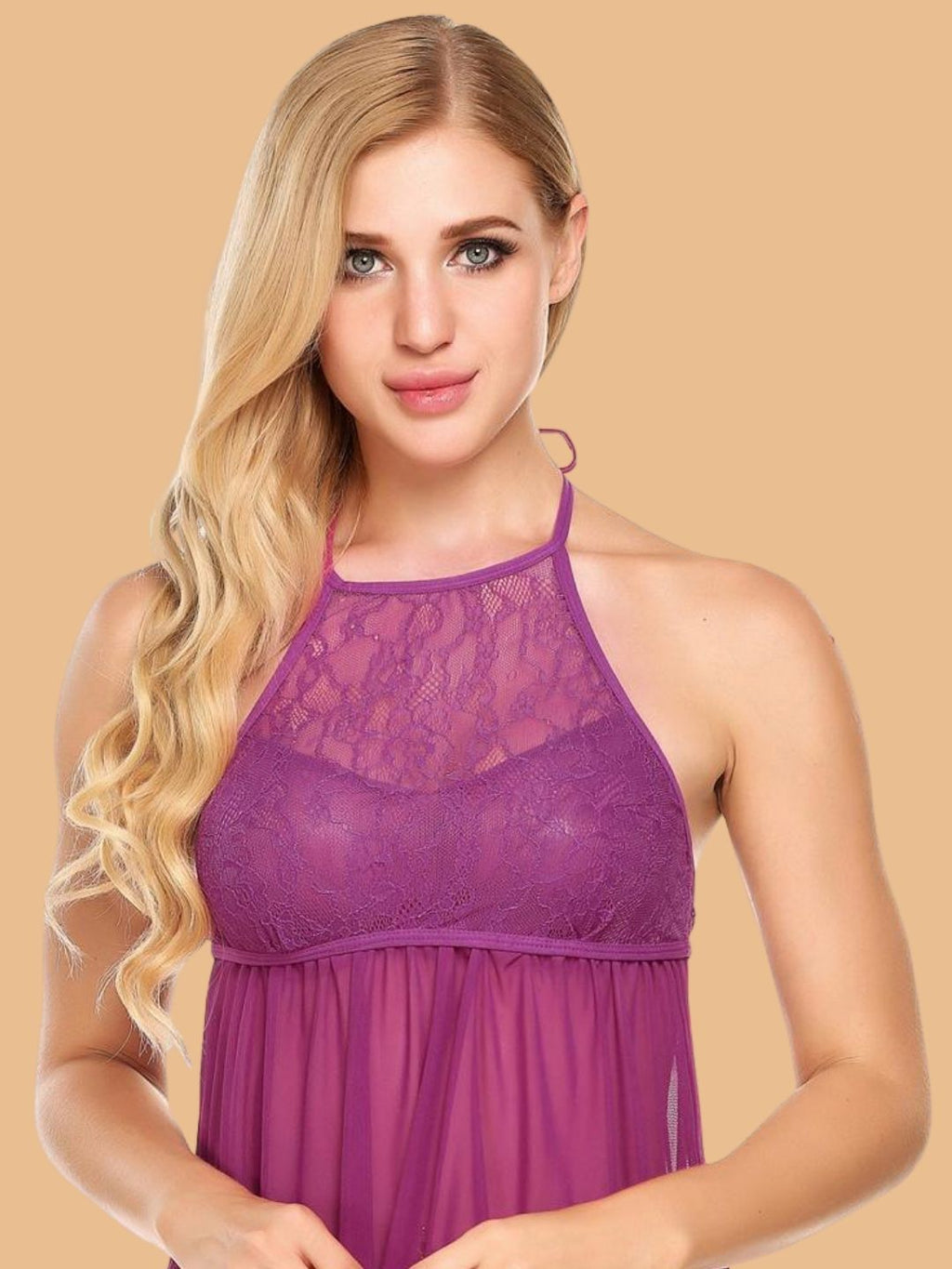Women's Lace Yoke Halter Nightdress With G String