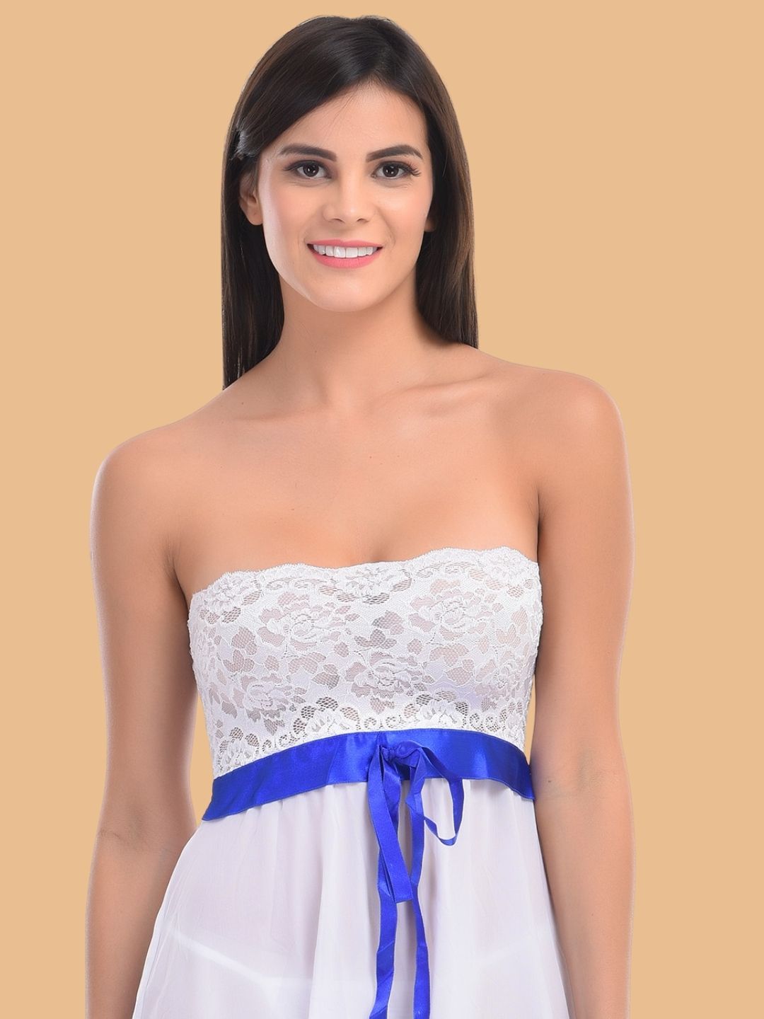 Women's Lace Strapless Nightdress With Ribbon Belt & G String