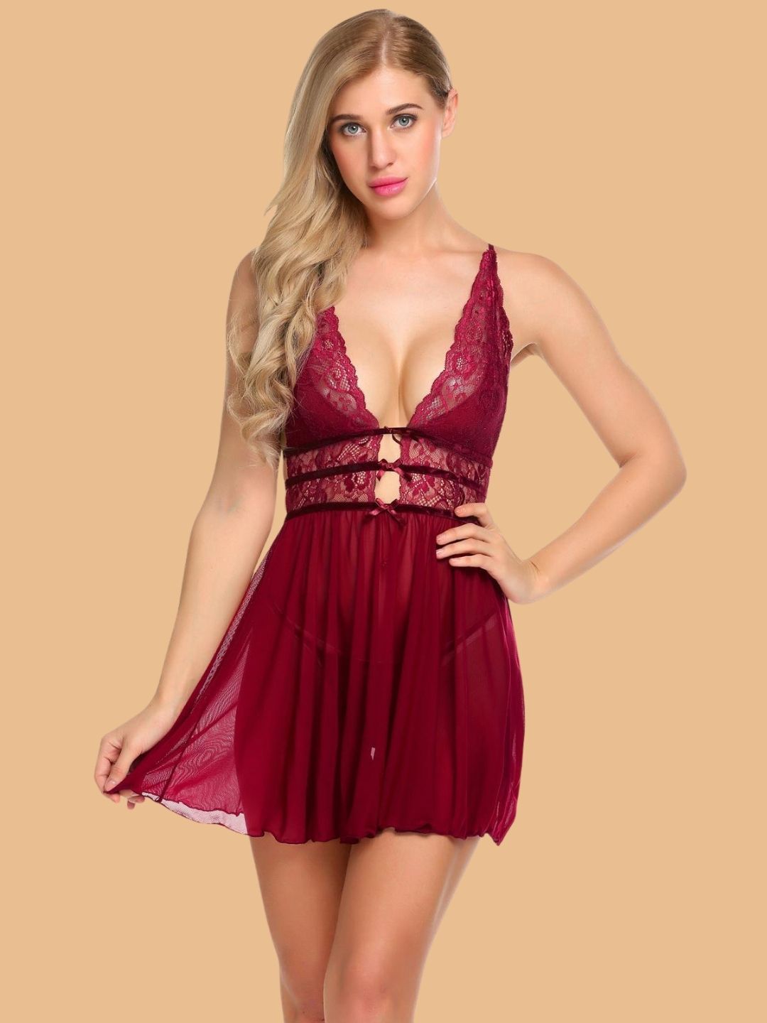 Women's Lace Tie Front Nightdress With G String