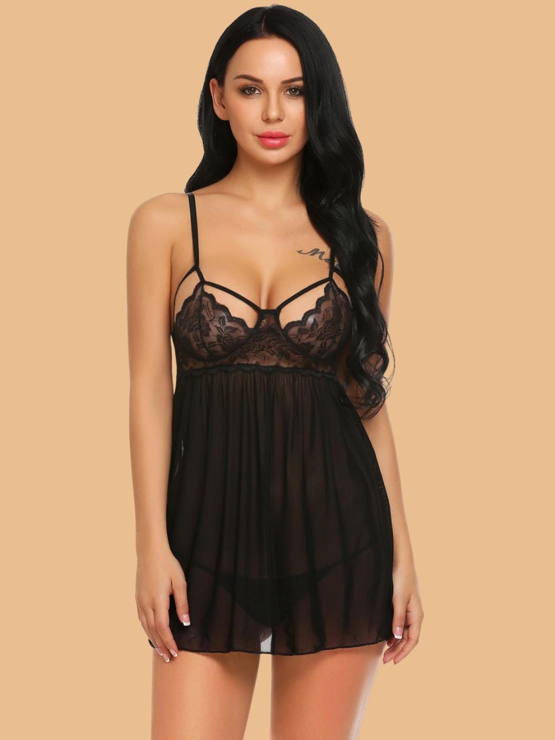 Women's Lace Cage Strap Nightdress With G String