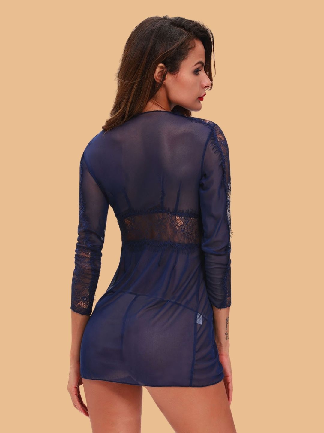 Women's Deep V-Neck Lace Sleeve Robe With G-String
