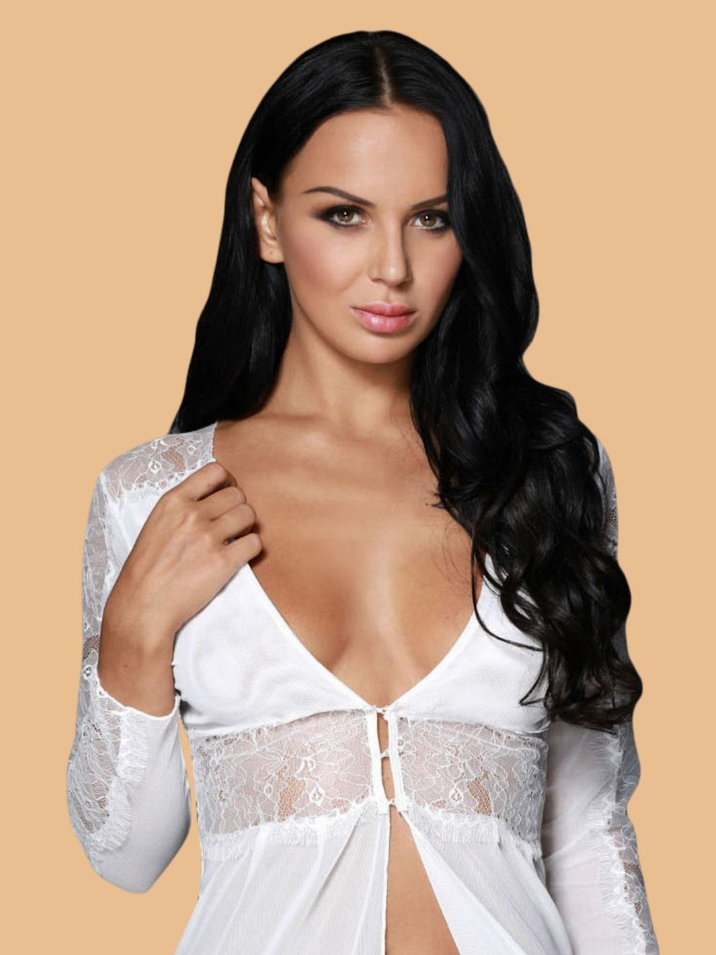 Women's Deep V-Neck Lace Sleeve Robe With G-String
