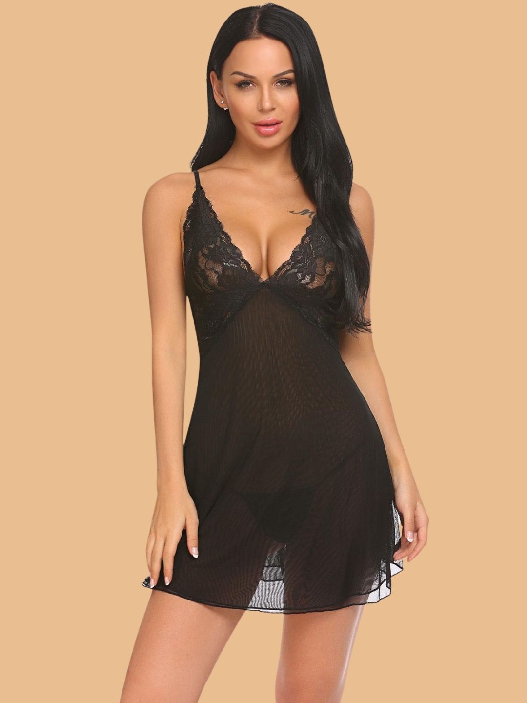 Women's Deep V-Neck Lace Slip Nightdress With G-String