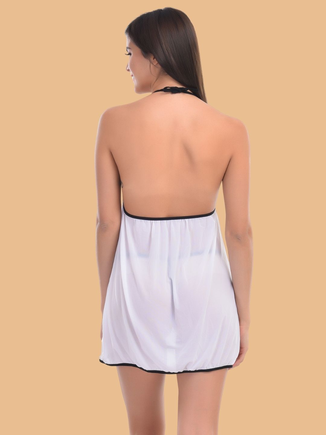 Women's Halter Neck Contrast Lace Nightdress With G-String