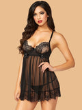 Women's Deep V-Neck Lace Ruffle Nightdress With G-String