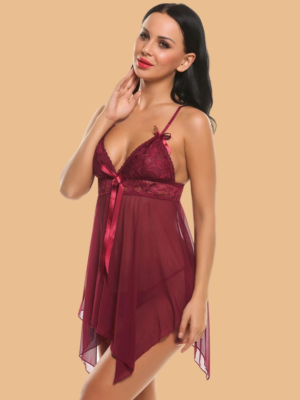 Women's Deep V-Neck Lace Nightdress With G-String