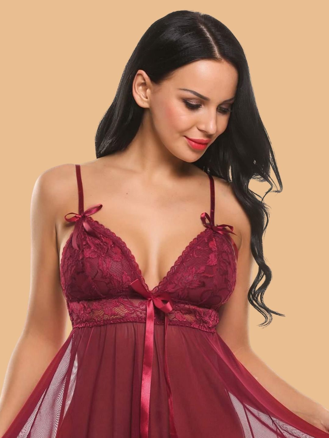 Women's Deep V-Neck Lace Nightdress With G-String