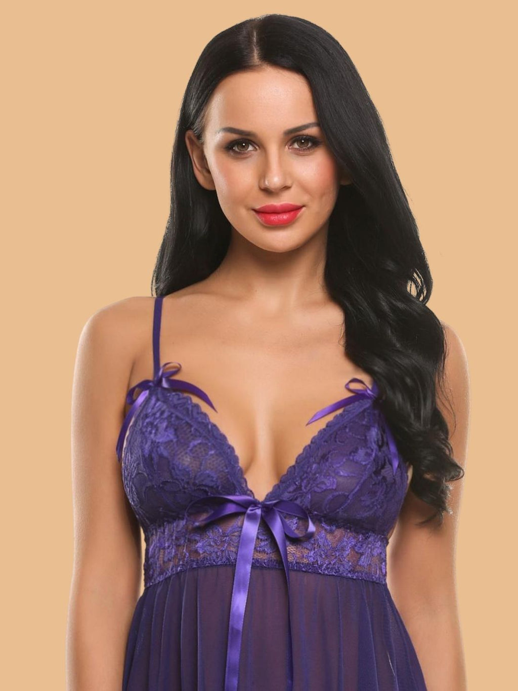 Women's Deep V-Neck Lace Nightdress With G-String