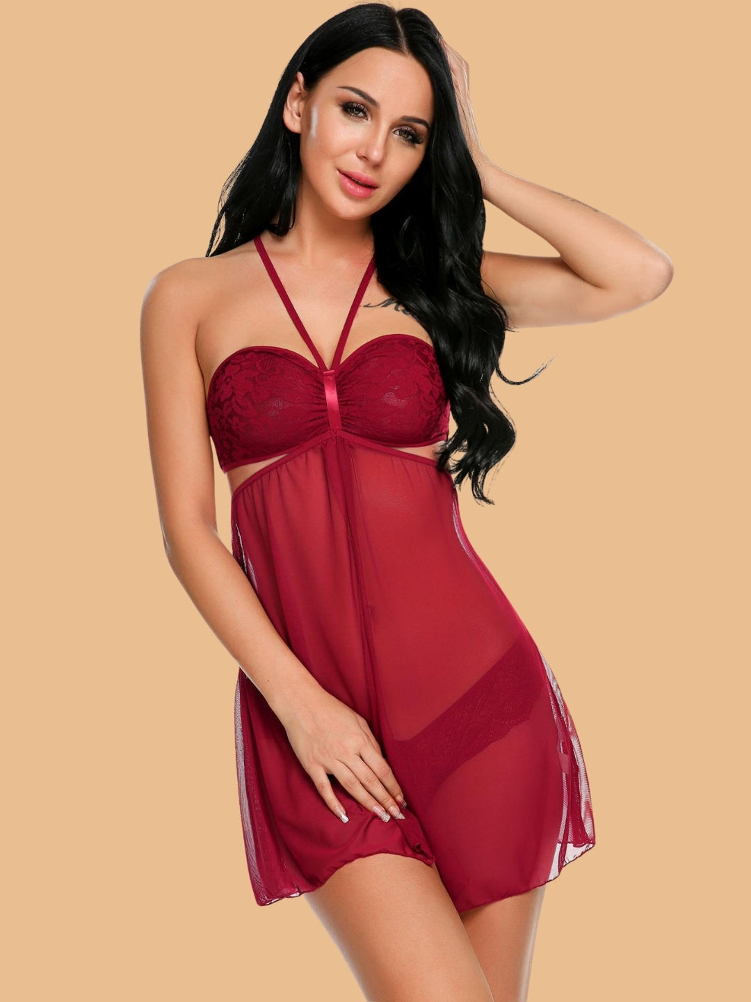 Women's Halter Neck Cutout Nightdress With G-String