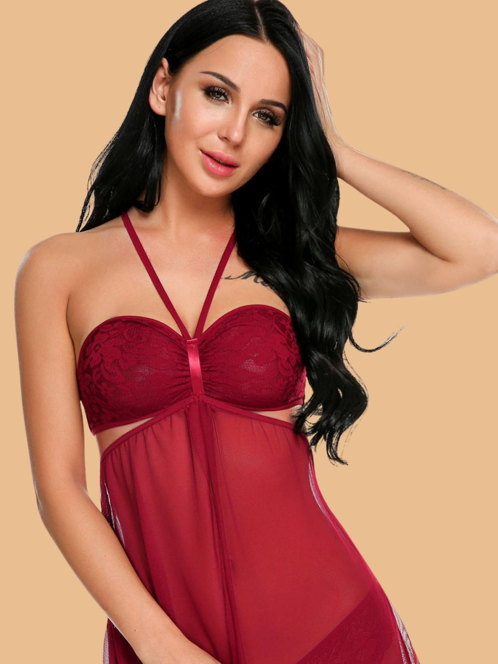 Women's Halter Neck Cutout Nightdress With G-String