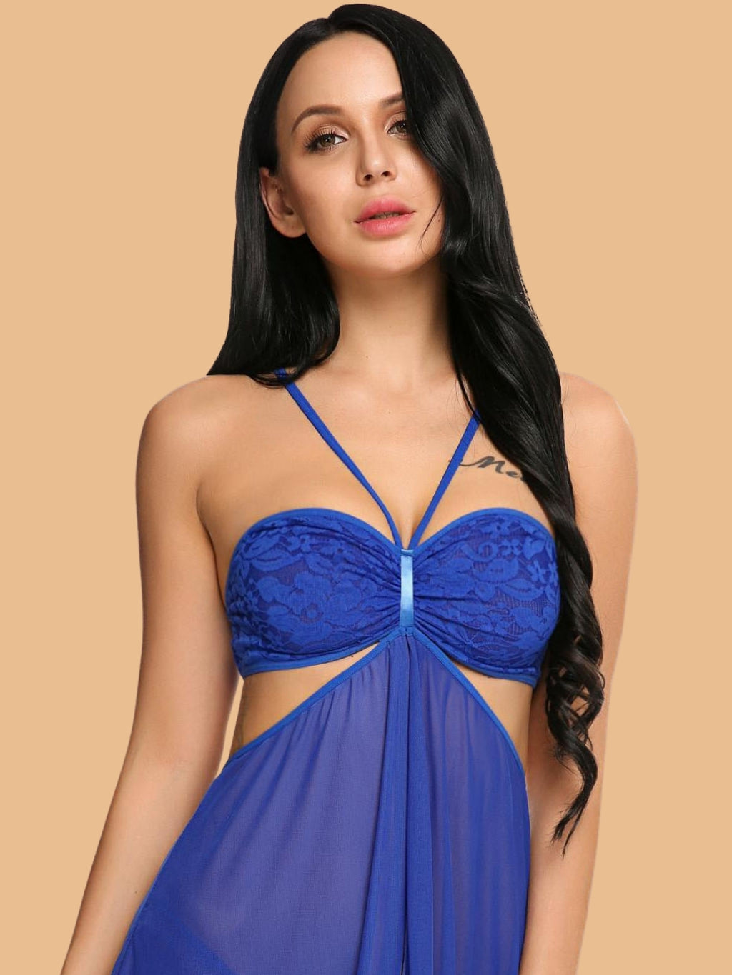 Women's Halter Neck Cutout Nightdress With G-String