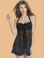 Women's Halter Neck Lace Bow Nightdress With G-String - Black