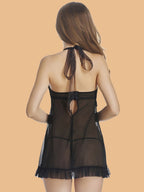 Women's Halter Neck Lace Bow Nightdress With G-String - Black
