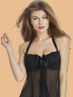 Women's Halter Neck Lace Bow Nightdress With G-String - Black