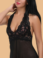 Women's Deep V-Neck Floral Lace Nightdress With G-String