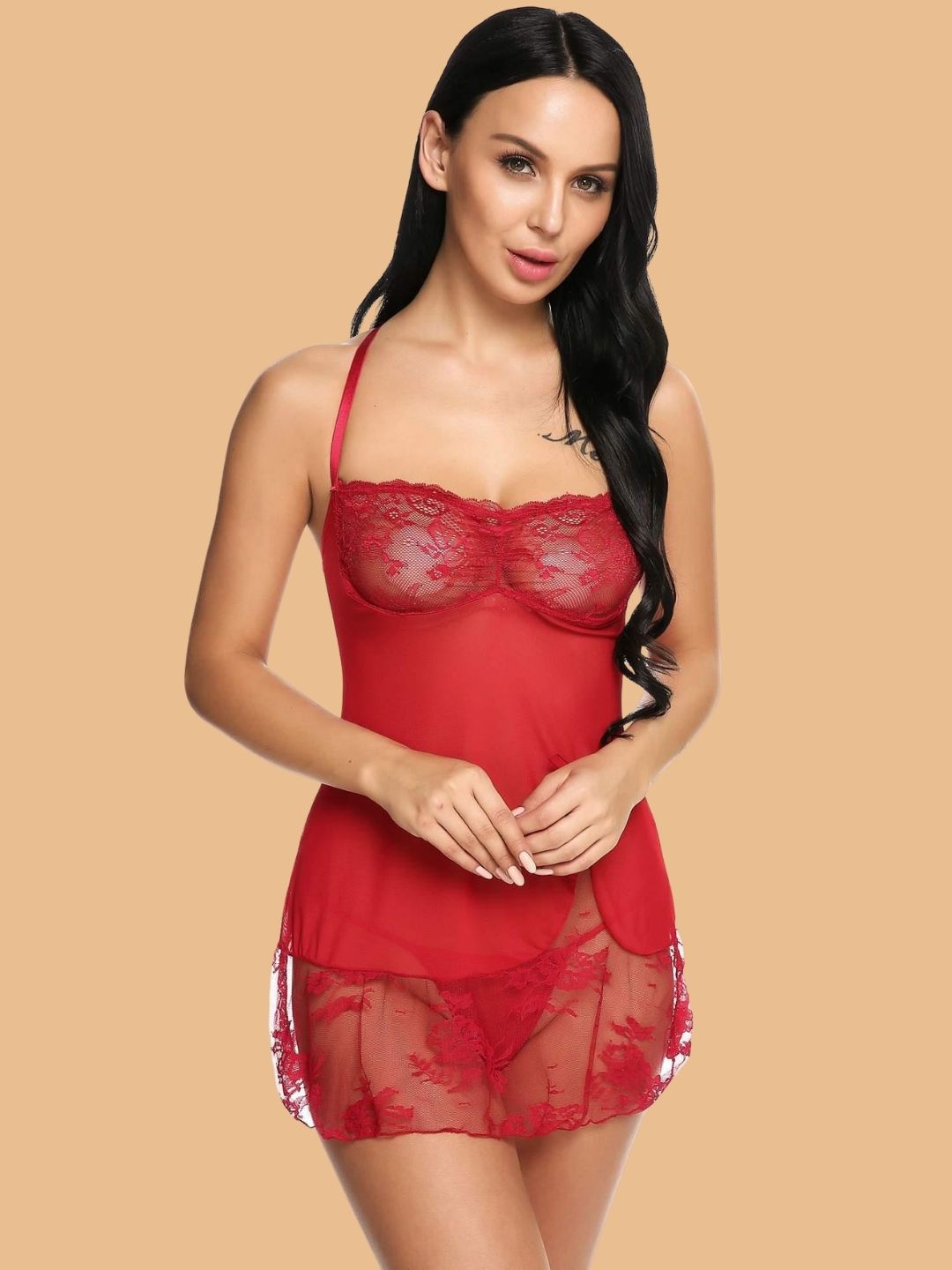 Women's Sweetheart Neck Floral Lace Nightdress With G-String