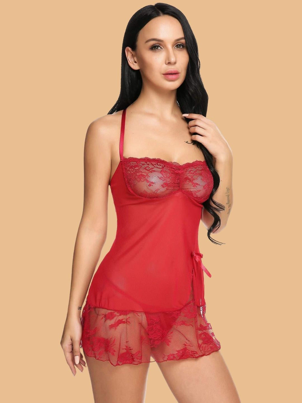 Women's Sweetheart Neck Floral Lace Nightdress With G-String