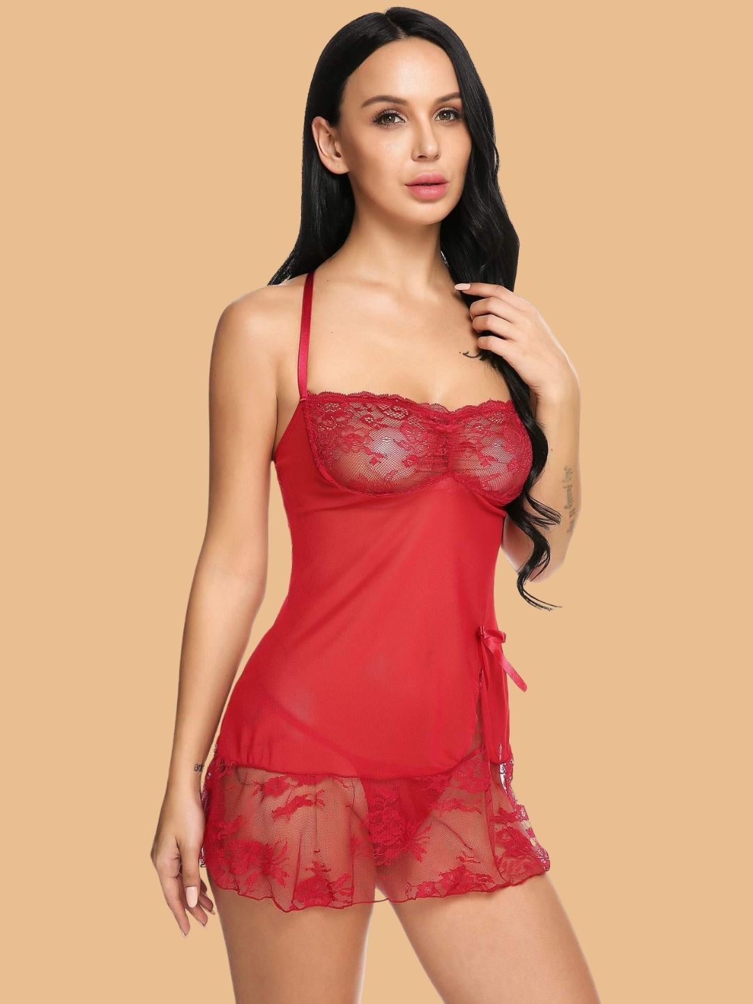 Women's Sweetheart Neck Floral Lace Nightdress With G-String