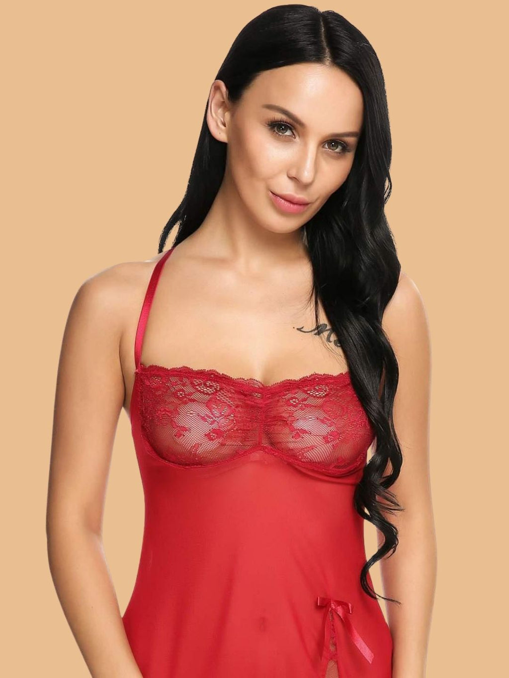 Women's Sweetheart Neck Floral Lace Nightdress With G-String
