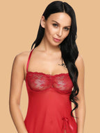 Women's Sweetheart Neck Floral Lace Nightdress With G-String