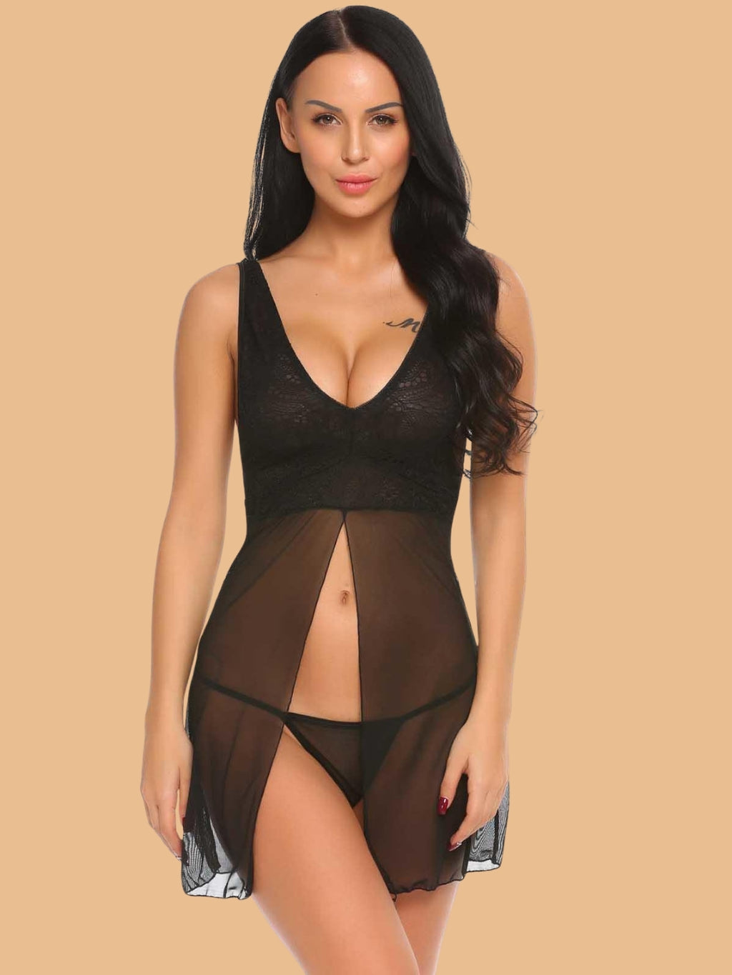 Women's Deep V-Neck Lace Panel Nightdress With G-String