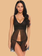 Women's Deep V-Neck Lace Panel Nightdress With G-String