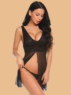 Women's Deep V-Neck Lace Panel Nightdress With G-String