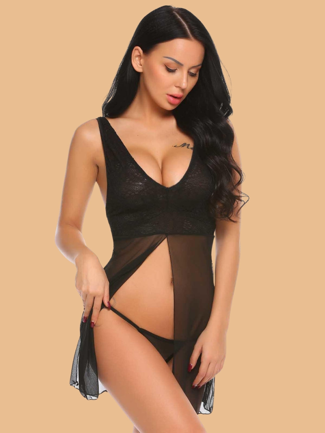 Women's Deep V-Neck Lace Panel Nightdress With G-String