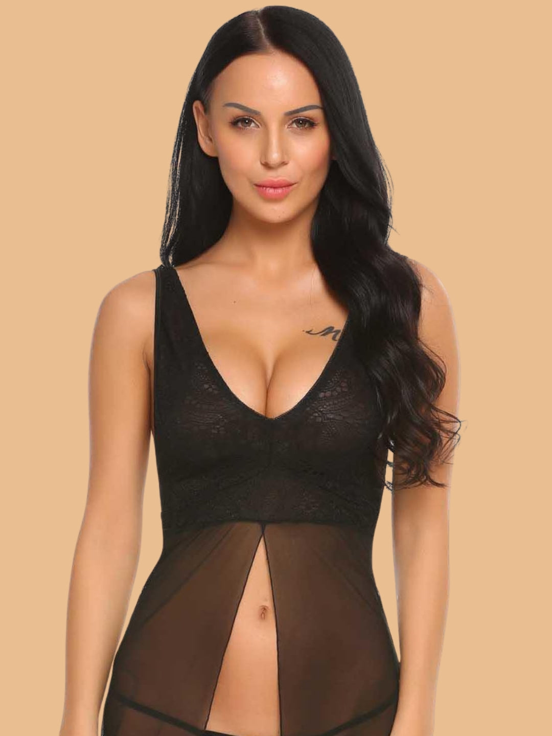 Women's Deep V-Neck Lace Panel Nightdress With G-String