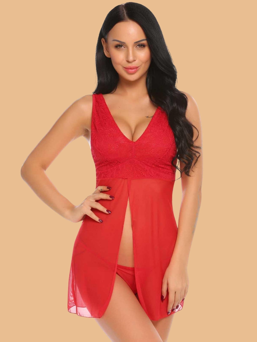 Women's Deep V-Neck Lace Panel Nightdress With G-String