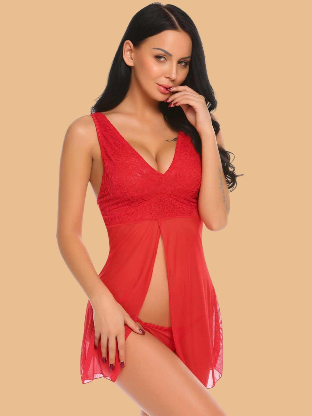 Women's Deep V-Neck Lace Panel Nightdress With G-String