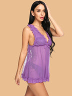 Women's V-Neck Lace Trim Nightdress With G-String