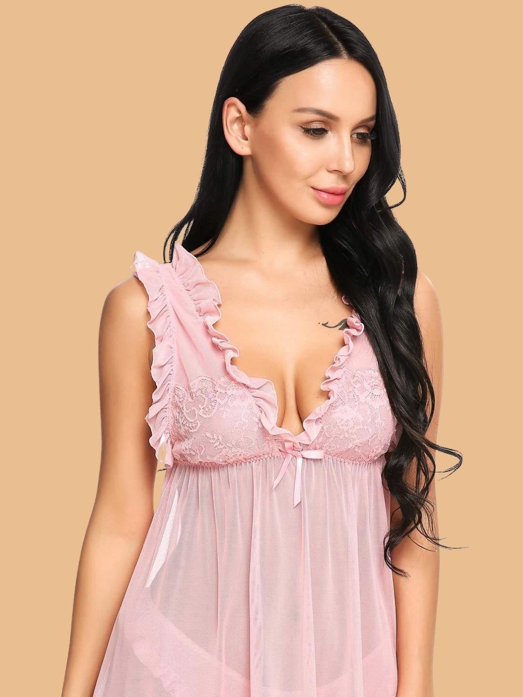 Women's V-Neck Lace Trim Nightdress With G-String